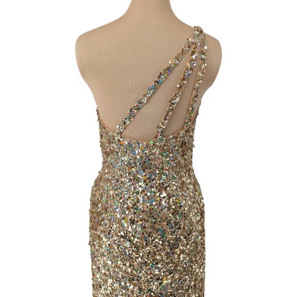 Sherri Hill Gold Sequin One-Shoulder Gown Size 8 Slit Formal Prom Dress - Picture 5 of 6